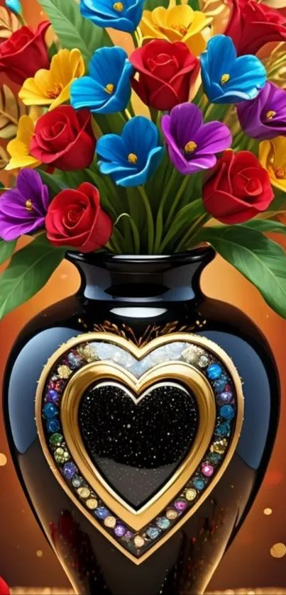Colorful flowers in a vase with heart design.
