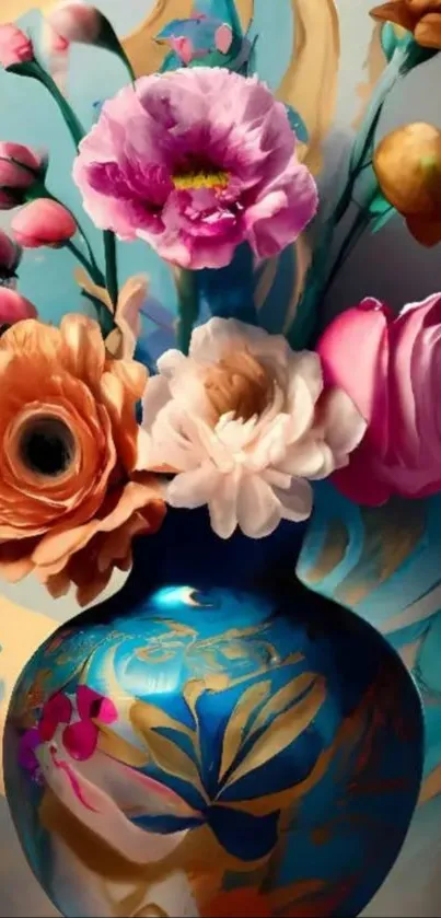Vibrant flowers in an ornate blue vase with artistic design.