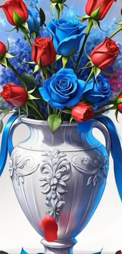 Elegant vase with vibrant red and blue roses in a floral arrangement.