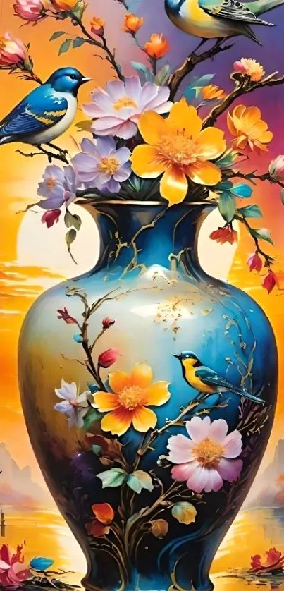 Colorful floral vase with birds against a sunset backdrop.