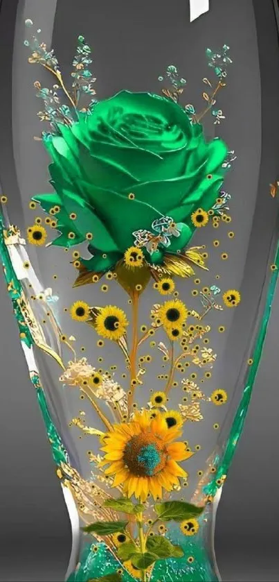 Green rose and yellow flowers in a transparent vase wallpaper.