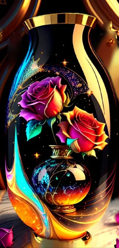 Vibrant wallpaper with roses in a decorative vase.