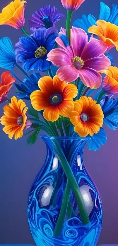 Vibrant bouquet of colorful flowers in a blue vase.