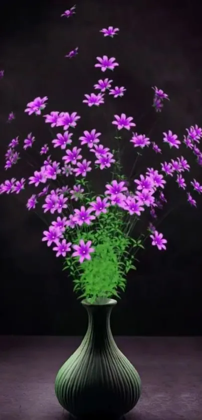 Purple flowers in a vase on dark backdrop wallpaper.