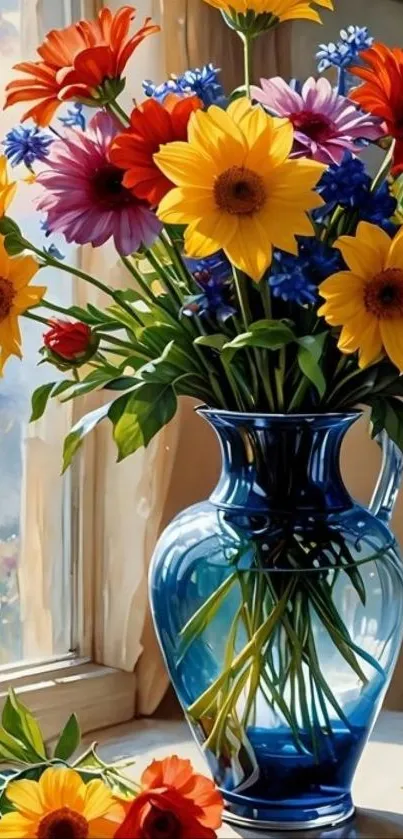 Vibrant flowers in a blue vase by a window.