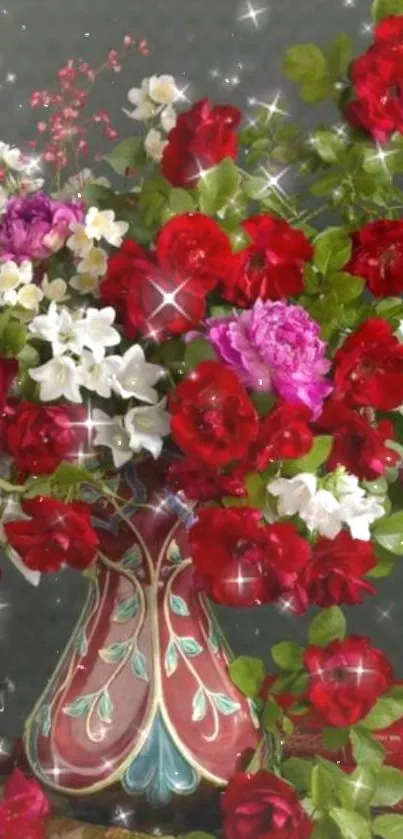 Vibrant red roses in an ornate vase with sparkling effects.