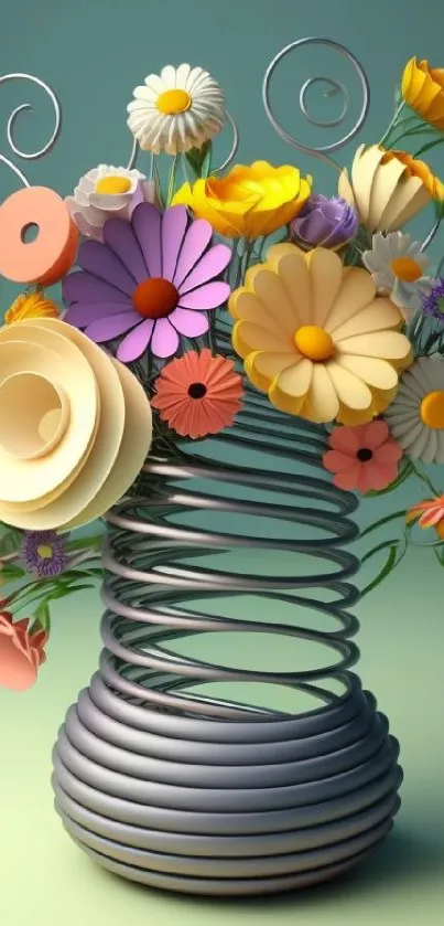 Colorful paper flowers in a sleek spiral vase on a soft green background.