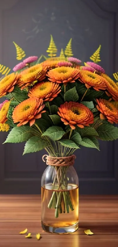 A vibrant bouquet of orange and pink flowers in a clear vase on a wooden table.