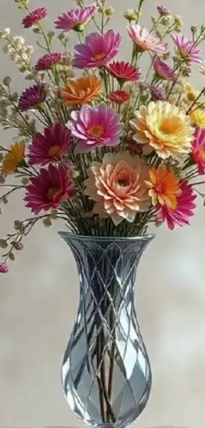 Crystal vase with vibrant colorful flowers arrangement.