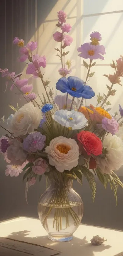 A vase filled with vibrant flowers in soft sunlight on a table.