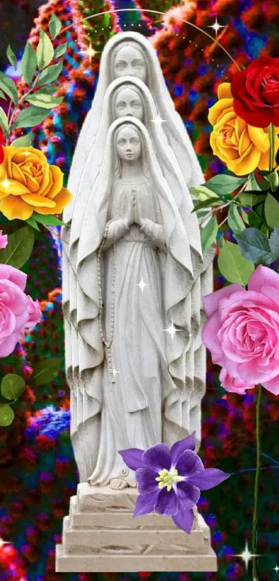 Virgin statue with vibrant floral background mobile wallpaper.