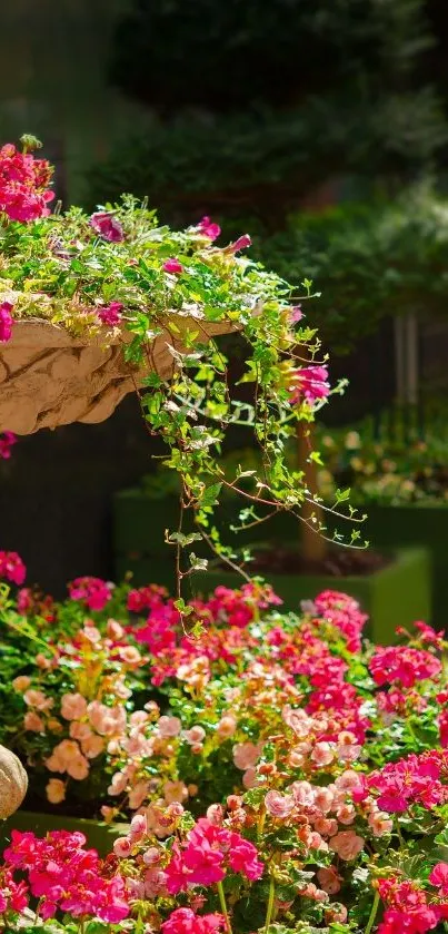 Vibrant garden scene with pink flowers and lush greenery.