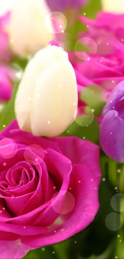 Vibrant pink roses and tulips with bokeh effect.