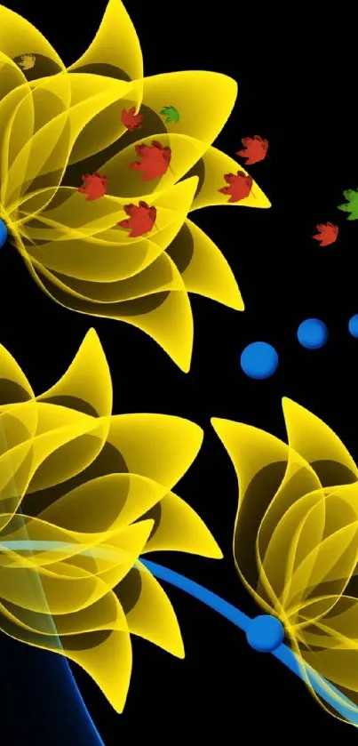 Vibrant abstract yellow flowers on black wallpaper.