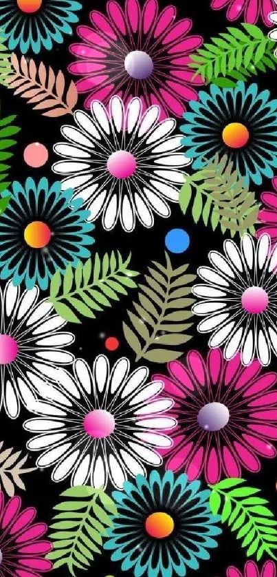 Vibrant floral wallpaper with colorful daisies on a black background.