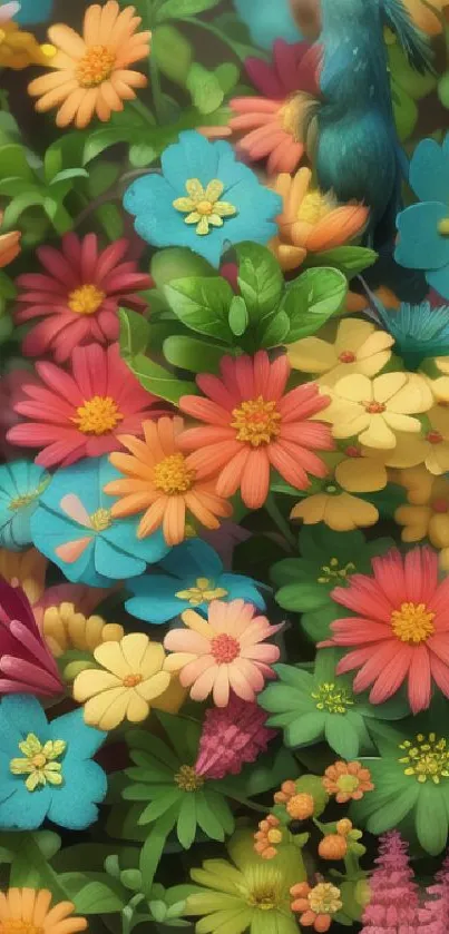 Vibrant floral wallpaper with colorful flowers and green leaves.
