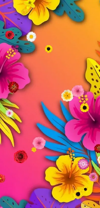 Vibrant tropical floral wallpaper with colorful flowers.