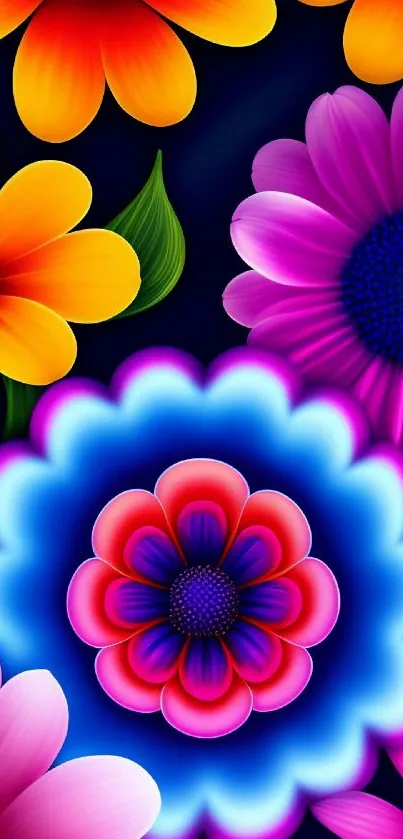 Colorful floral mobile wallpaper with vibrant petals and a dark background.