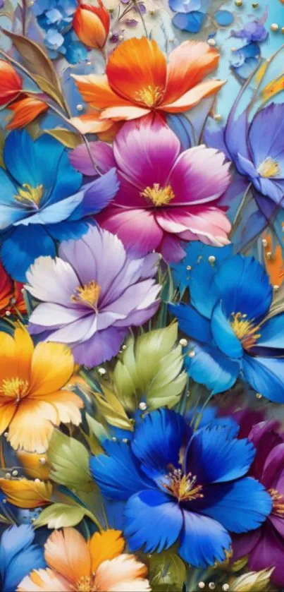 Vibrant floral wallpaper with blue, purple, and orange flowers.