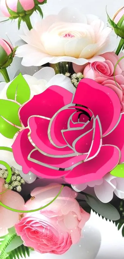 Vibrant pink rose and blossoms with lush greenery in a floral wallpaper design.