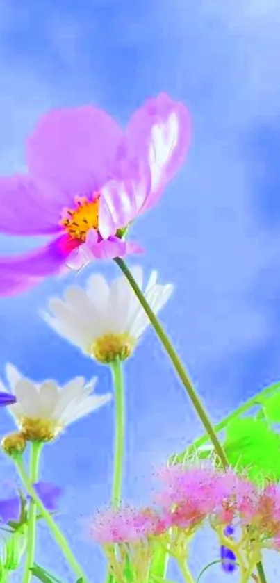 Bright flowers under a vibrant blue sky, showcasing nature's beauty.