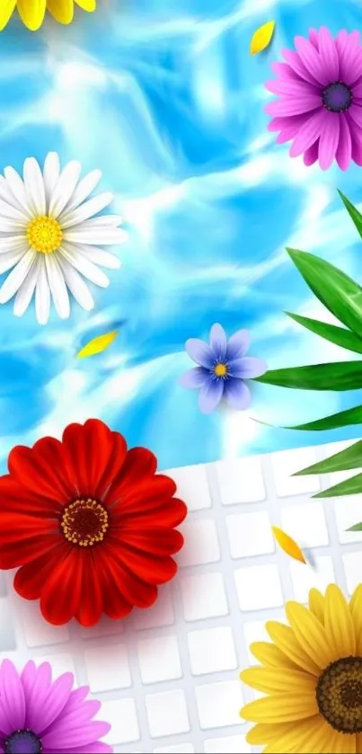 Vibrant floral wallpaper with colorful daisies and leaves over a water background.