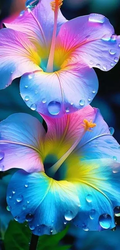 Vibrant hibiscus flowers with water droplets.