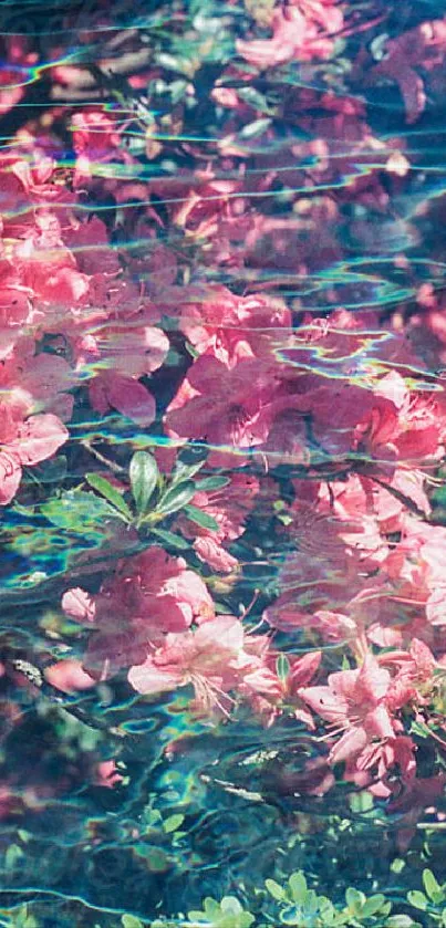 Pink flowers reflecting on rippling water, creating a colorful serene wallpaper.