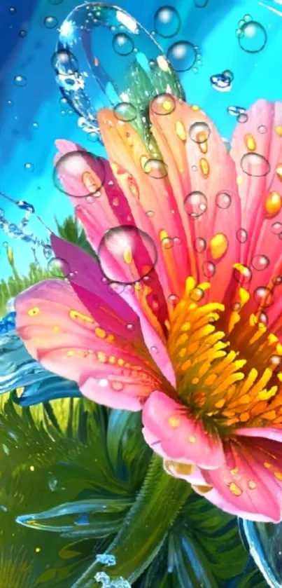Colorful floral wallpaper with pink flower and water droplets.