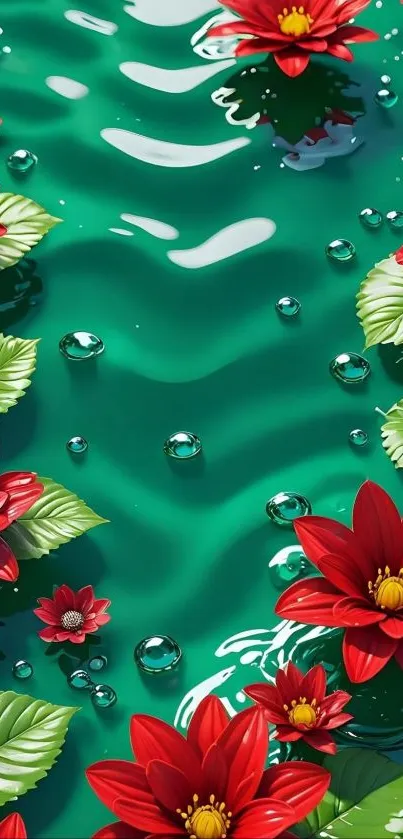 Red flowers and green leaves on teal water wallpaper.