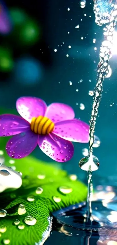Vibrant purple flower with water drops on a green leaf in a nature-inspired mobile wallpaper.