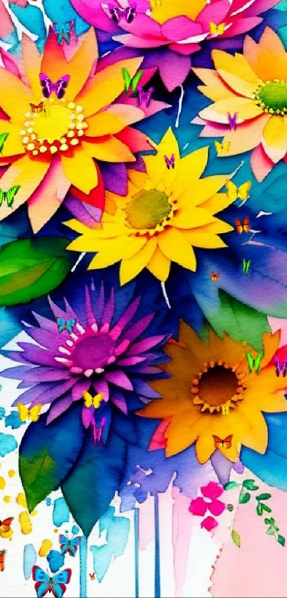 Vibrant watercolor floral wallpaper with colorful blossoms and green leaves.