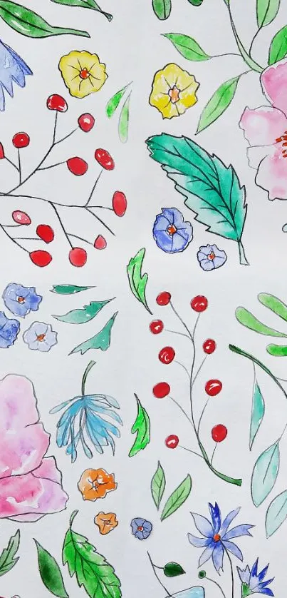 Vibrant floral watercolor wallpaper with colorful flowers and leaves.