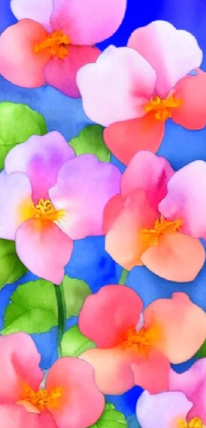 Watercolor floral wallpaper with vibrant blue background.