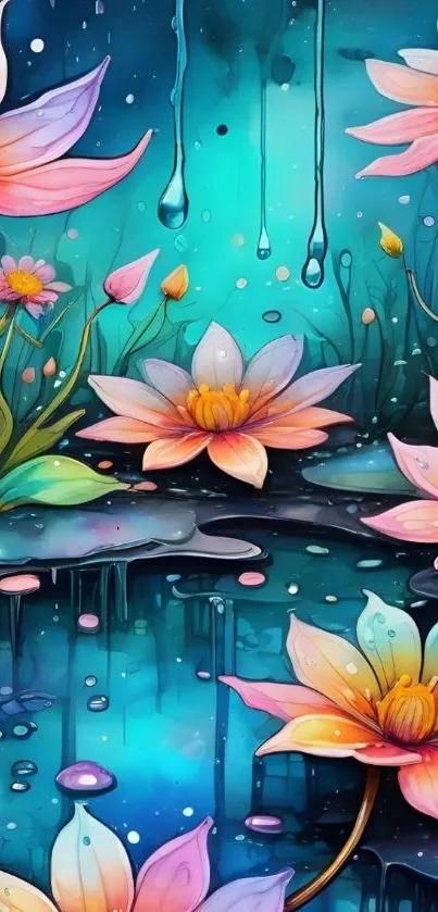 Colorful watercolor artwork featuring lotus flowers and water drops.