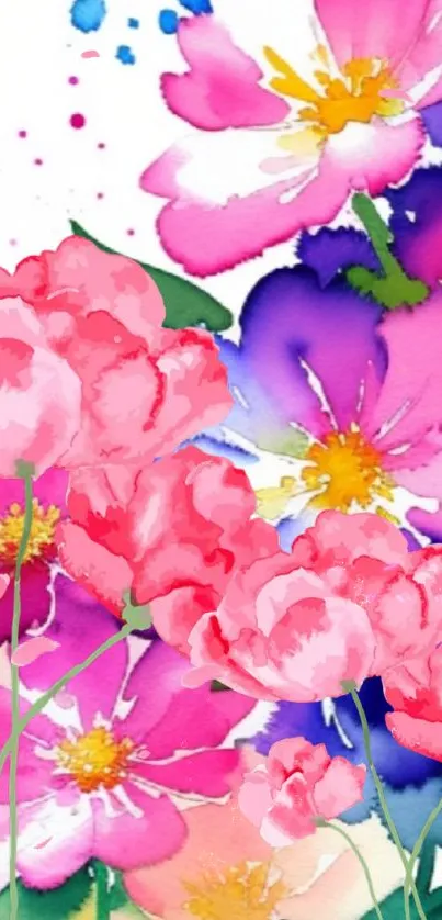 Vibrant floral watercolor wallpaper with pink and purple flowers.