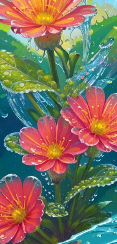 Colorful watercolor flowers with water droplets in a vibrant design.