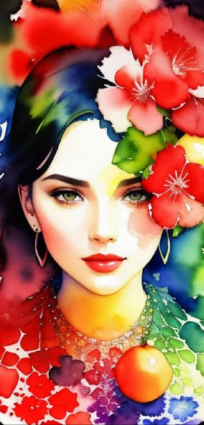 Colorful watercolor portrait with vibrant floral elements