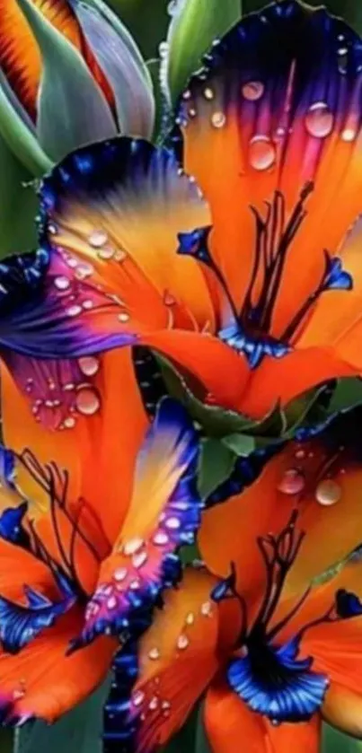 Vibrant orange flowers with dew drops on petals.