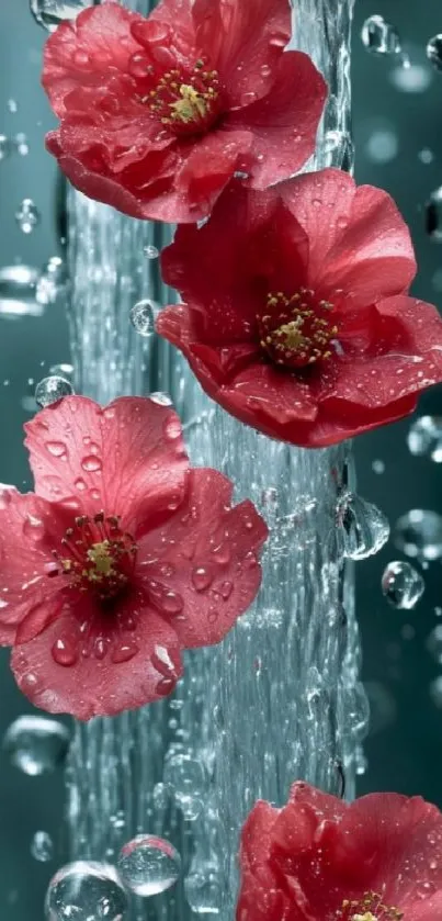 Vibrant red flowers cascading with water on a wallpaper.