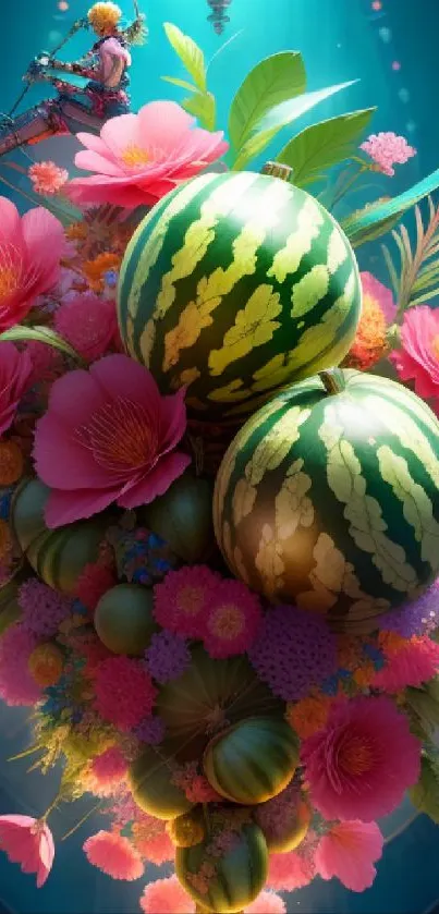 Vibrant artwork of watermelons surrounded by pink flowers and green leaves.
