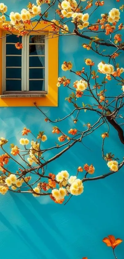 Colorful floral branches against a turquoise wall and yellow window.