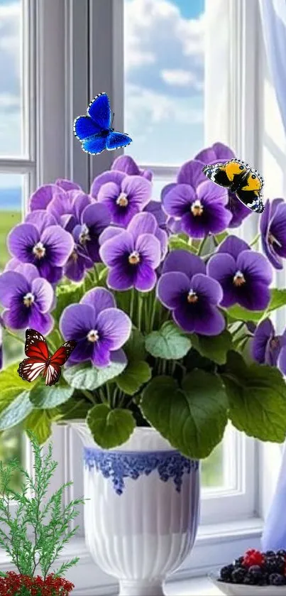 Purple flowers with butterflies on a windowsill, bright and serene.