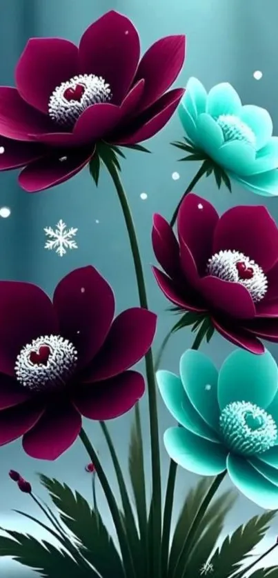 Vibrant winter flowers with teal petals on a wallpaper.