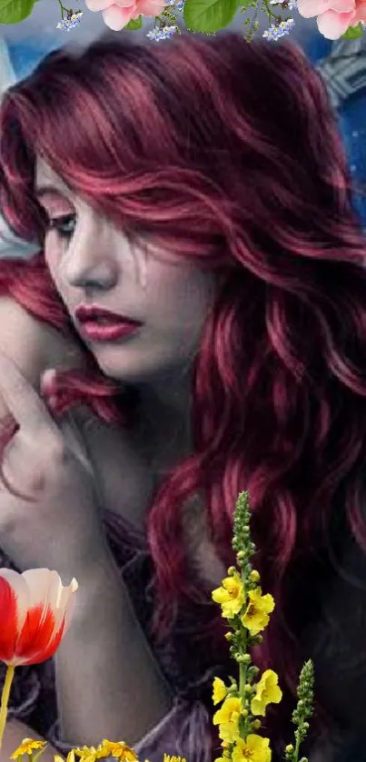 A woman with red hair and floral accents on a dreamy wallpaper.