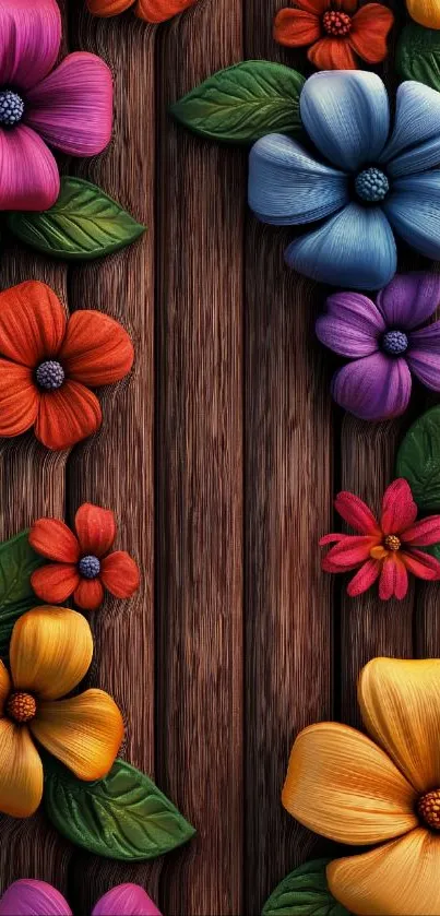 Colorful flowers on rustic wood background