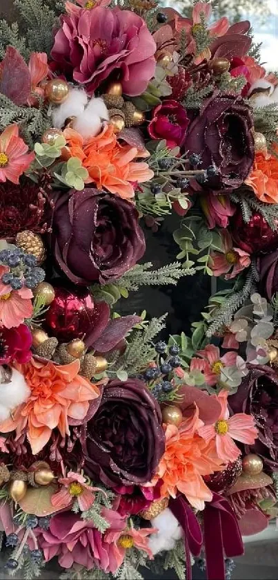 Elegant maroon and peach floral wreath on a door.