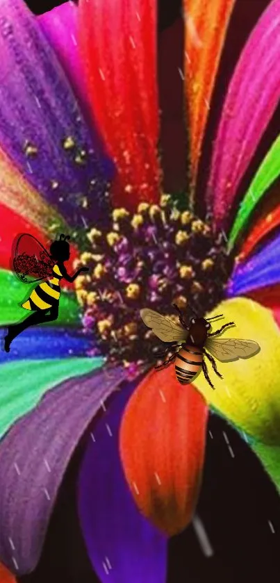 Colorful flower and bees wallpaper design.