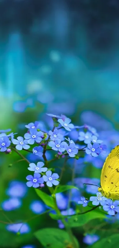 Yellow butterfly resting on blue flowers in lush nature setting.