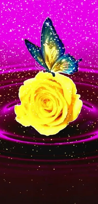 Yellow rose with butterfly on vibrant purple background.